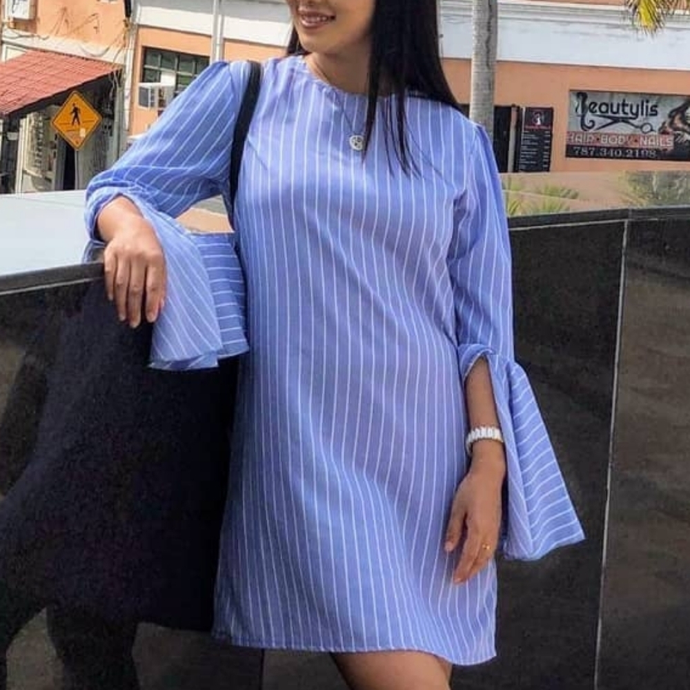 Bell sleeve vertical striped Shift dress. - Picture 1 of 8